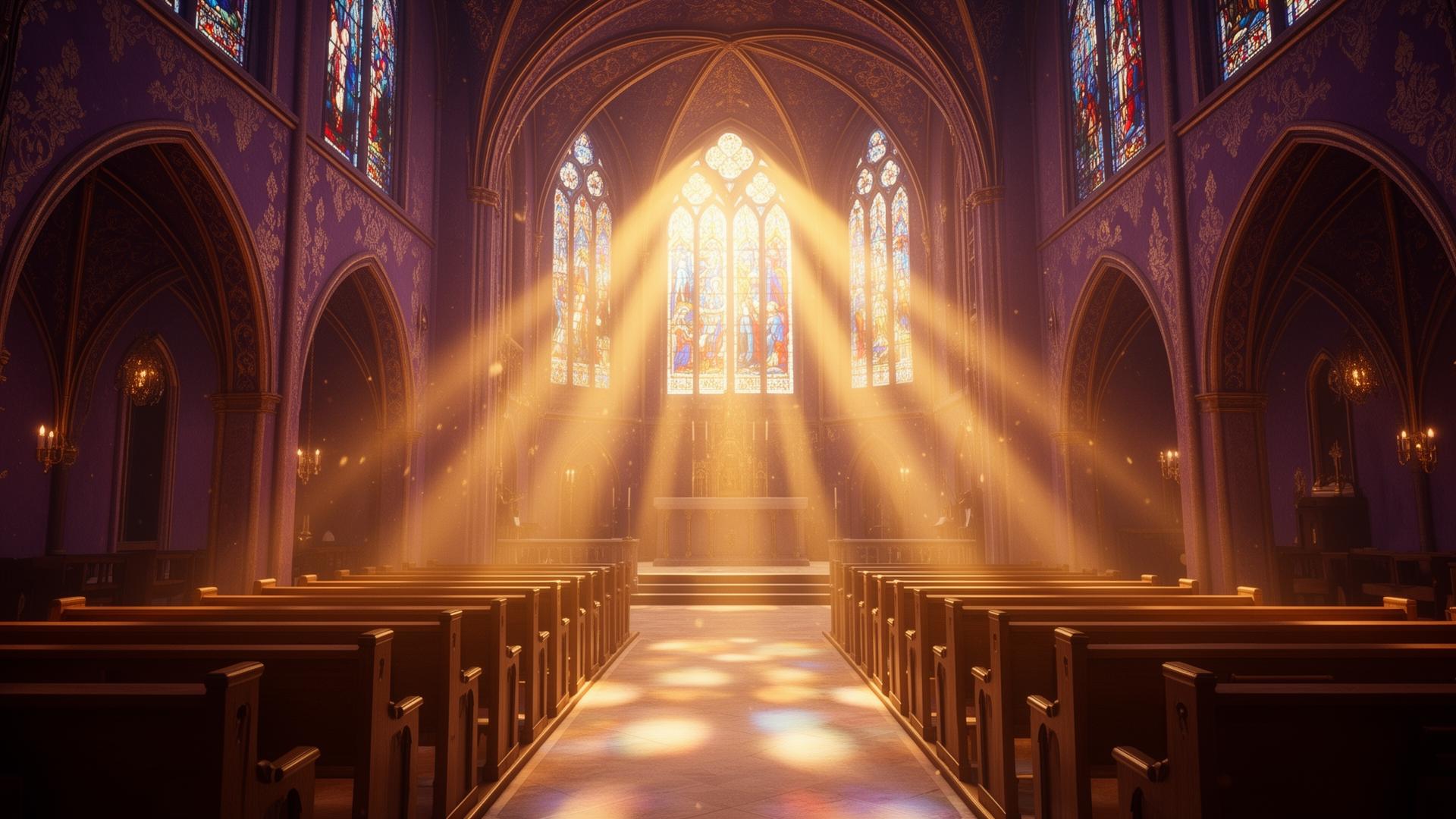 Heavenly church sanctuary with light rays through stained glass